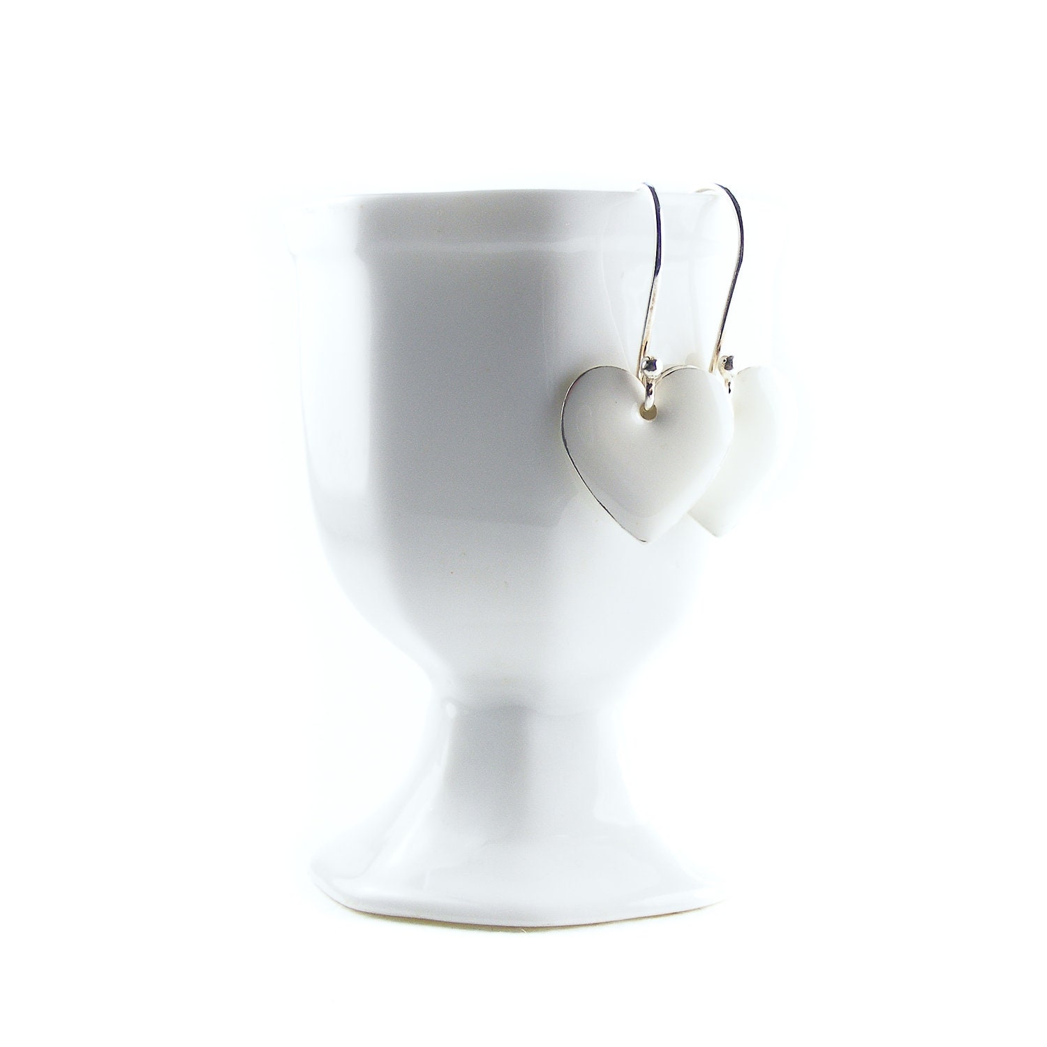 Enamel Heart Earrings, Handmade Sterling Silver Dangle Earrings, Creamy White Hearts Silver Earrings