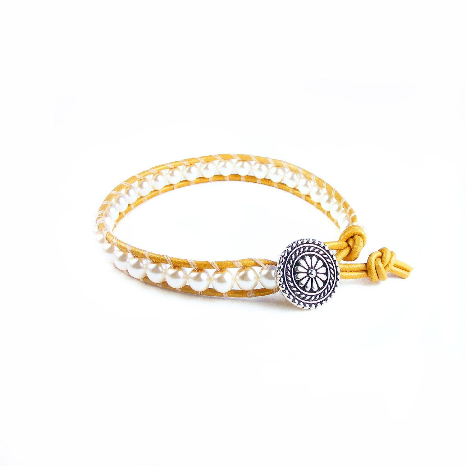 Beaded Leather Wrap Bracelet, Handmade Gold Leather & White Pearl Cuff, Single Wrap Leather Bracelet