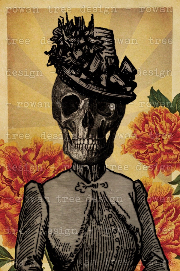 Printable Art CALAVERA CATRINA Skeleton Lady 4x6in Digital Collage - no. 0184
