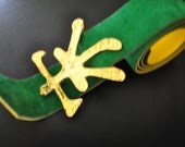 Luxurious vintage 80s  emerald green-yellow reversible belt with gold tone metal oriental motive buckle.One size fits all.