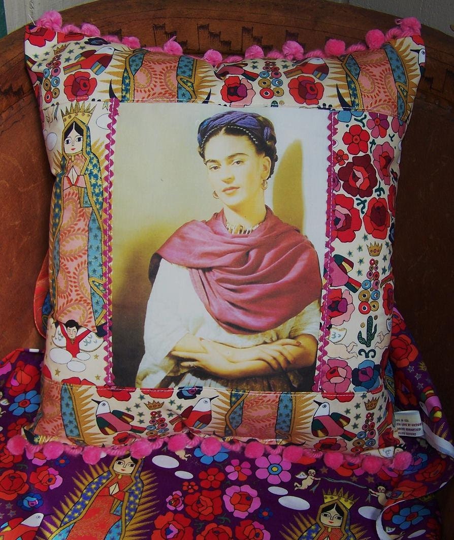 Frida Kahlo and Virgen of Guadalupe Motifs Pink Pom poms Pillow