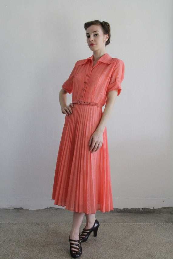 Vintage 40s Dress . NOS . Puritan Forever Young . Sheer Peach . 1940s Gown . Matching Belt . New With Tags