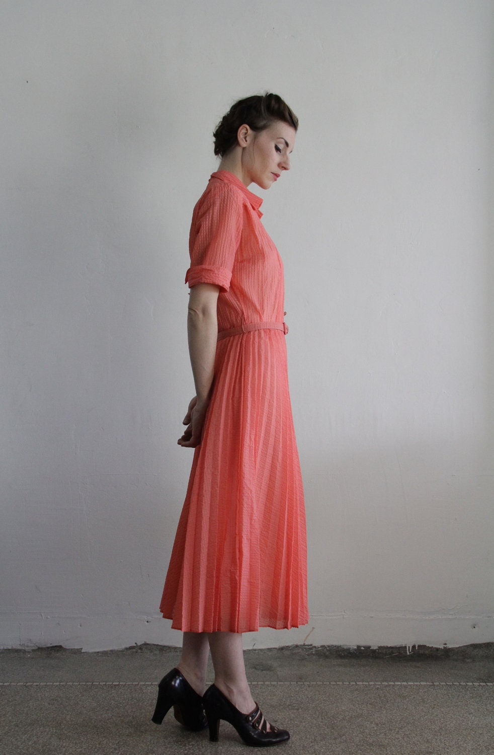 Vintage 40s Dress . NOS . Puritan Forever Young . Sheer Peach . 1940s Gown . Matching Belt . New With Tags