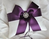Purple Ring Bearer Pillow - White or Ivory Silk Ring Bearer Pillow with Purple Satin Ribbon