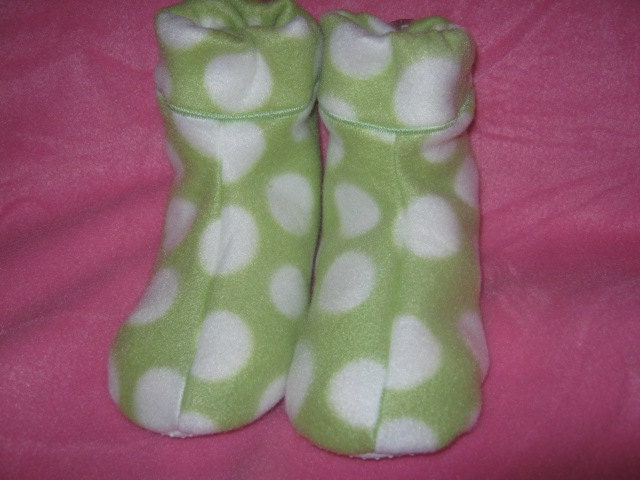 Girls size 8 9 10, Green Polka Dot Fleece Slippers, Warm Soft Cozy, Practical Gift, Birthday