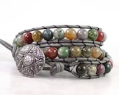Gemstone Leather Wrap Bracelet Gray Leather Hippie Fashion Boho Style Triple Wrap Green Red Fancy Jasper