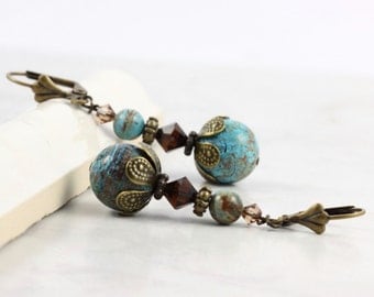 Jasper Earrings Blue Sky Gemstone Mocha Brown Crystal Boho Jewelry