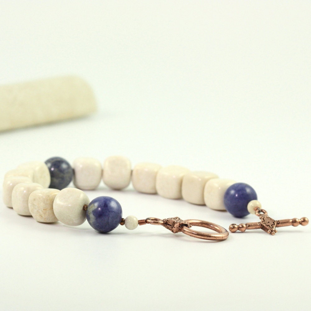 Blue Cream Fall Earth Tones Boho Bracelet Denim Sodalite Gemstone Rustic Woodland Fashion Beige Jewelry Copper Clasp