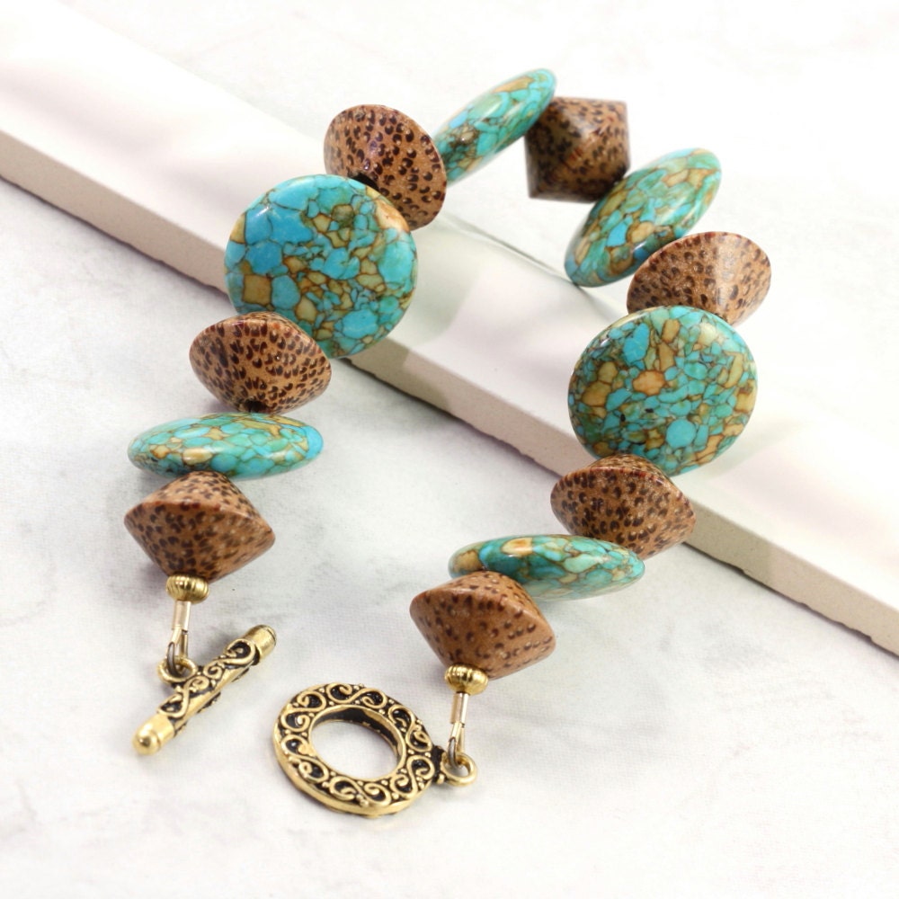 Turquoise Bracelet Palm Wood Tribal Mint Green Fall Fashion Jewelry Toggle Clasp