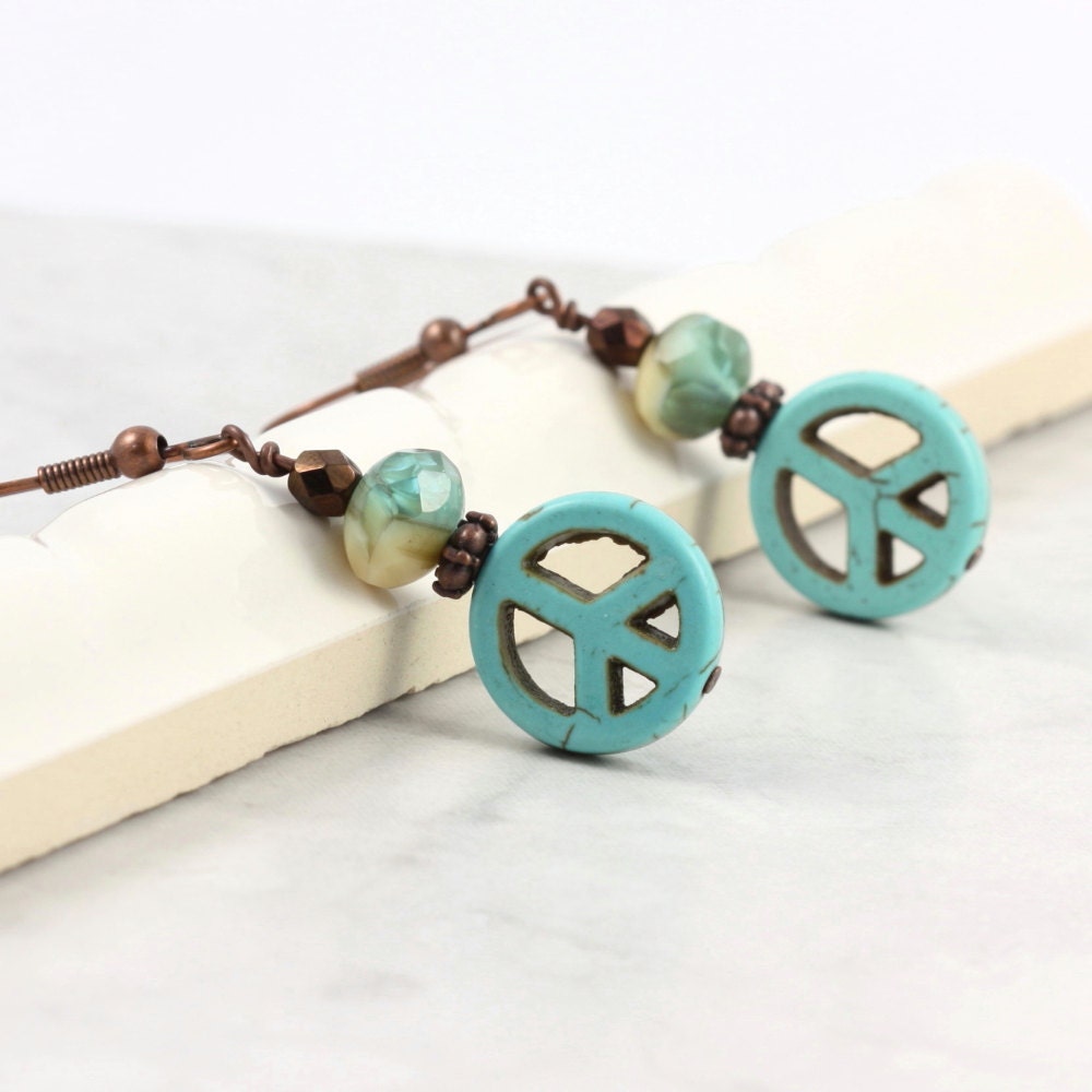 Peace Sign Earrings Turquoise Blue Copper Rustic Fashion Boho Jewelry
