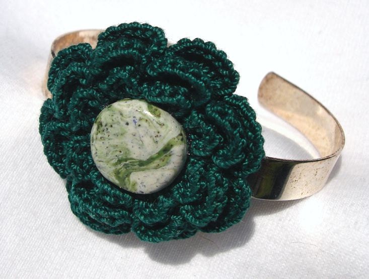 Flower and Tea Bead Antique Silver Cuff Bracelet