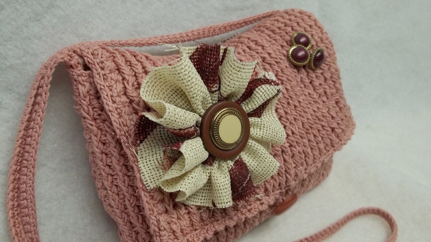 Pink upcycled Crochet tote purse handbag women lady eco-friendly yarn evening fabric flower buttons