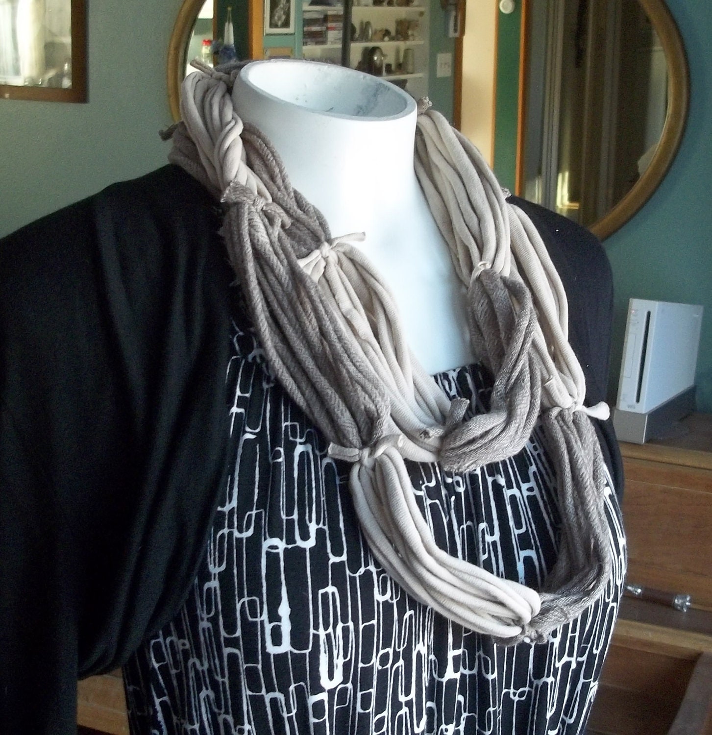 Beige brown upcycle t-shirt scarf infinity fabric necklace eco-friendly treasury item