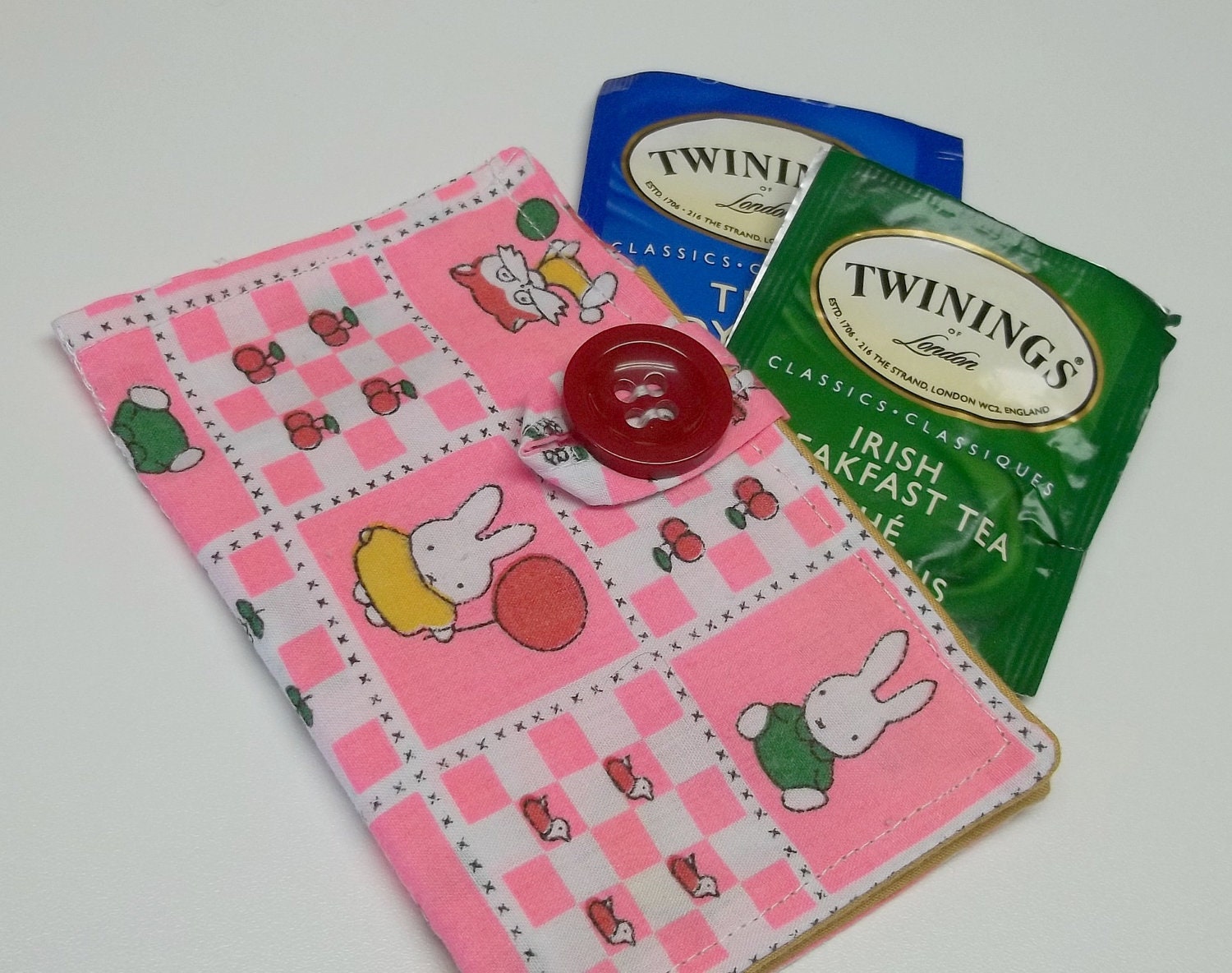 Up cycled tea wallets rabbits, cats pink back ground cotton fabric Tea wallet eco friendly, under 10 dollars