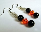 Classy Sterling Silver Byzantine Chainmail Earrings with Black Onyx and Fire Opal Crystal
