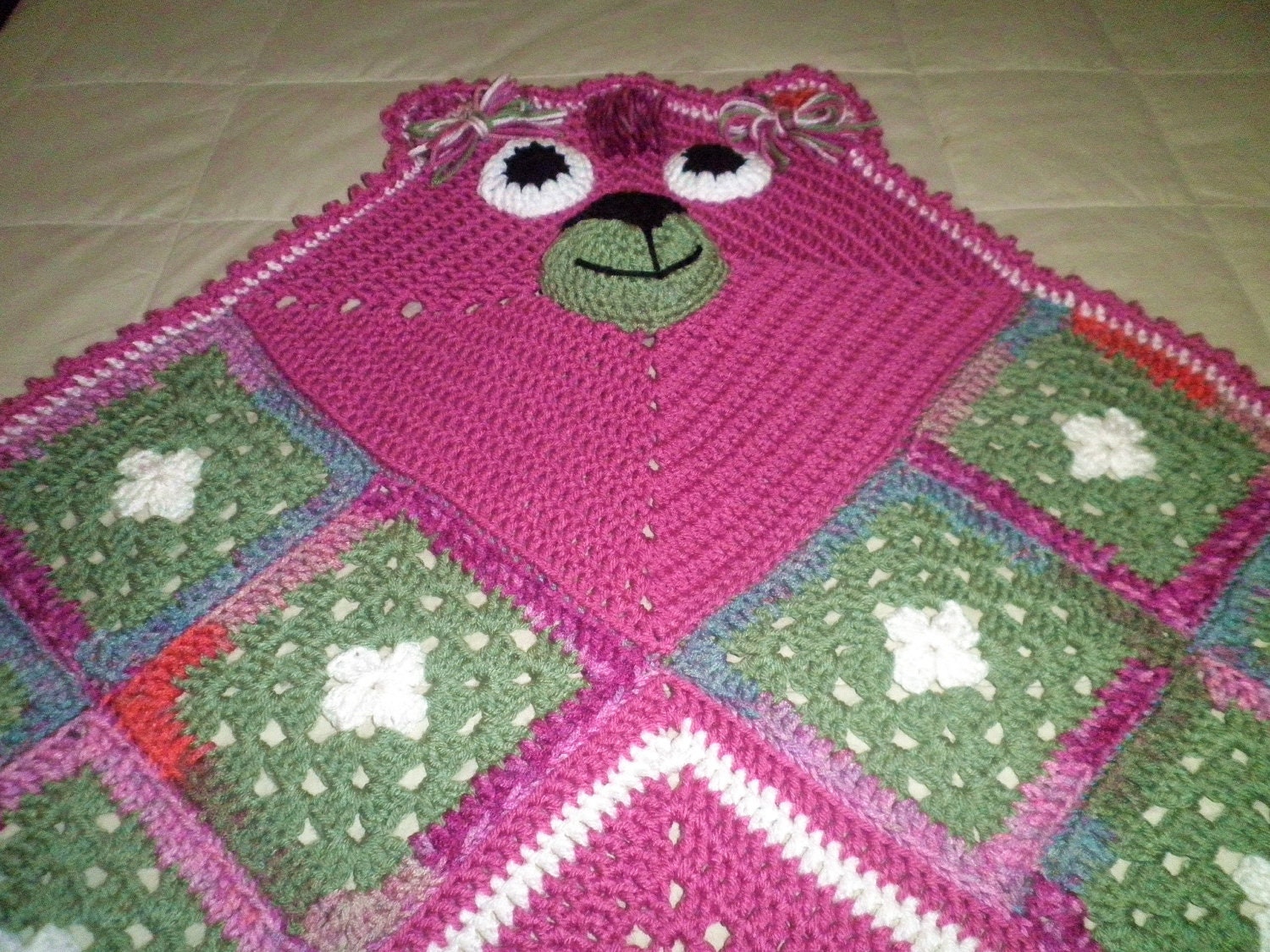 Crocheted Bear Blanket-Cherry Blossom Bear/child/girl/boy/afghan/teddy