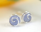Blue lace agate rosebud post earrings periwinkle sterling silver wire wrapped gemstone - SueRunyonDesigns