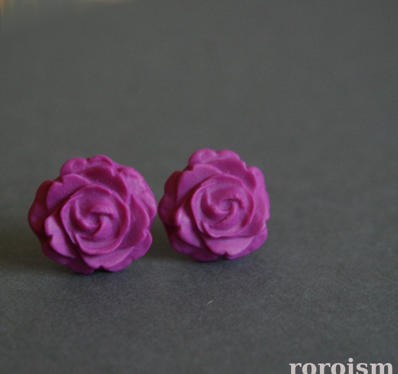 FUCHSIA Pink Rose shaped STUD earrings - posts, resin, floral, vintage style, cabochon, fimo