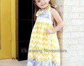 Yellow Chevron Dress, Spring Halter Sundress for Girls in You Are My Sunshine