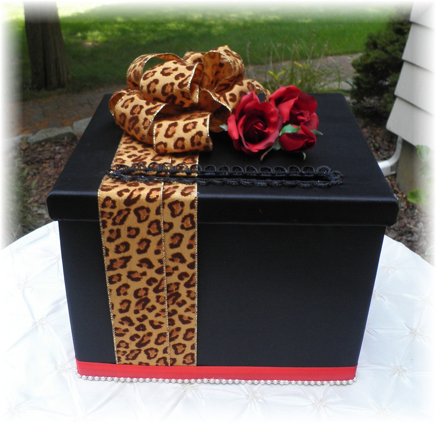 Wedding CARD BOX Leopard Ribbon Anniversary Wishing Well Keepsake Box Money Box  CUSTOMIZE Your Colors