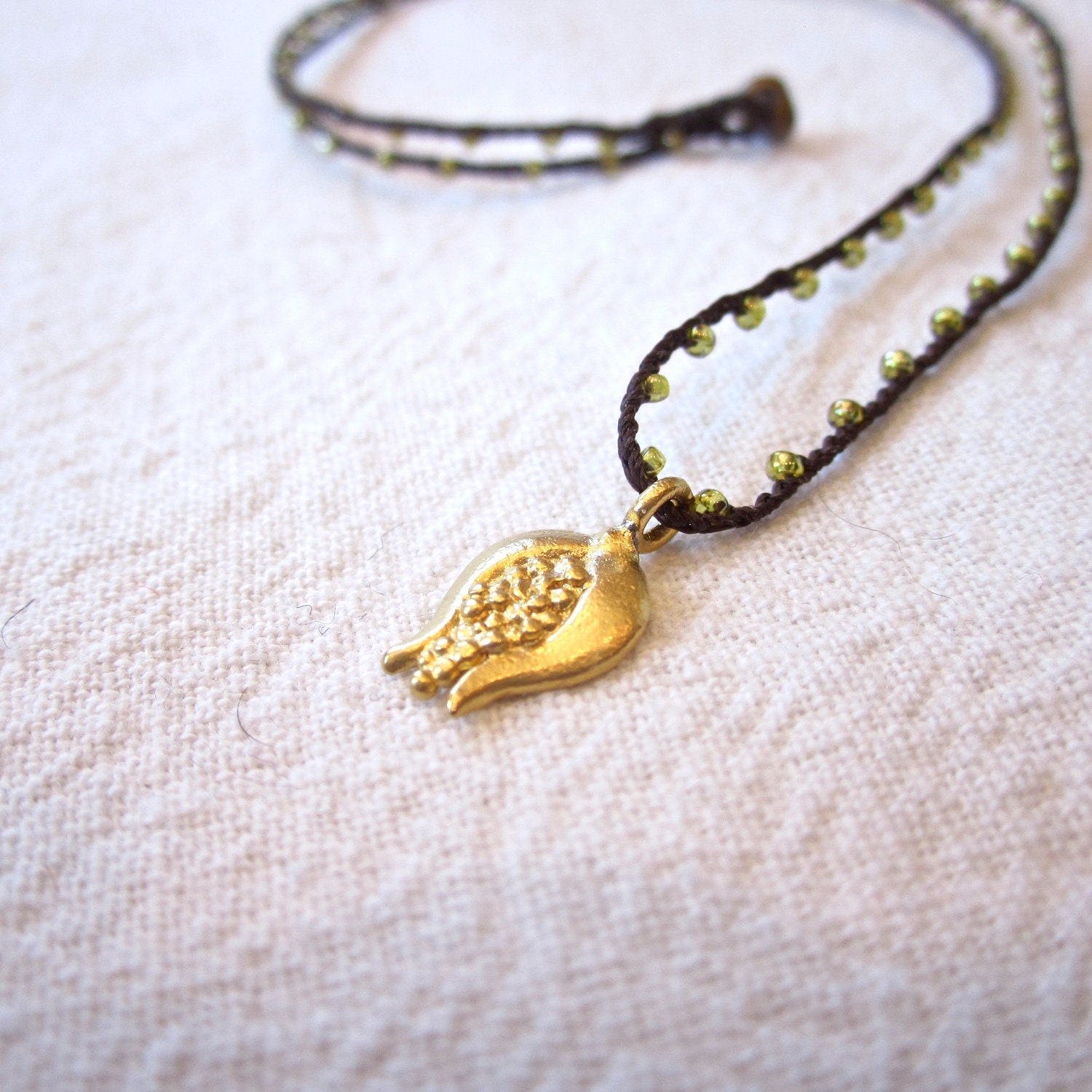 Matte Gold Pomegranate Charm daintiest crocheted beaded necklace with brown and gold strand