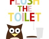 Flush the toilet - bathroom art - owl - color - digital print - 8x10 on A4