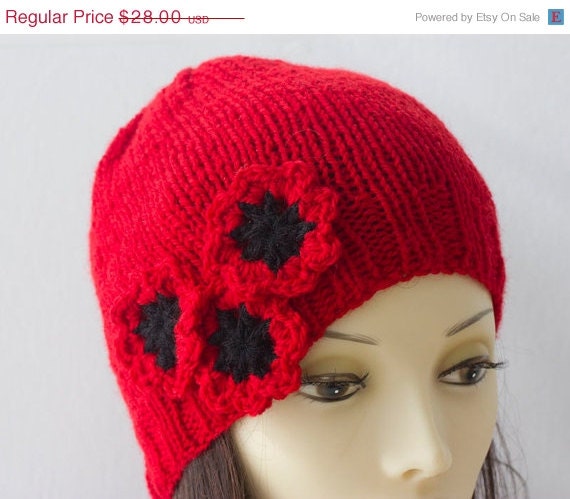 Red Poppy Knit  Hat,  Flower Cloche, Wool Slouchy Hat - beadedwire