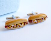 Hot Dog Lover Cufflinks - Frankfurter Cufflinks - Miniature Food Art Jewelry Collectable - Schickie Mickie Original