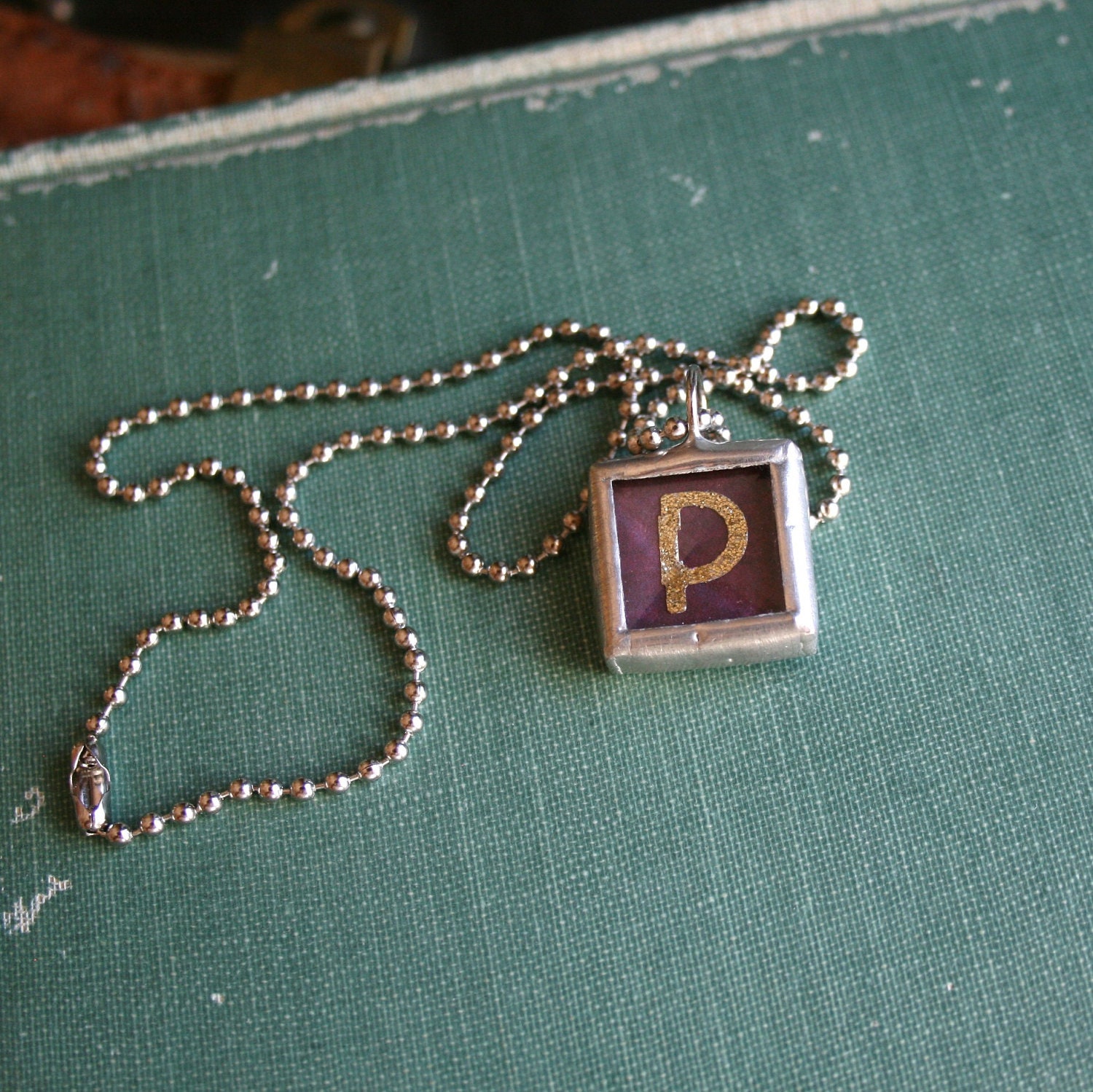 P Gold Glitter Initial - Soldered Beveled Glass - Reversible Pendant / Charm