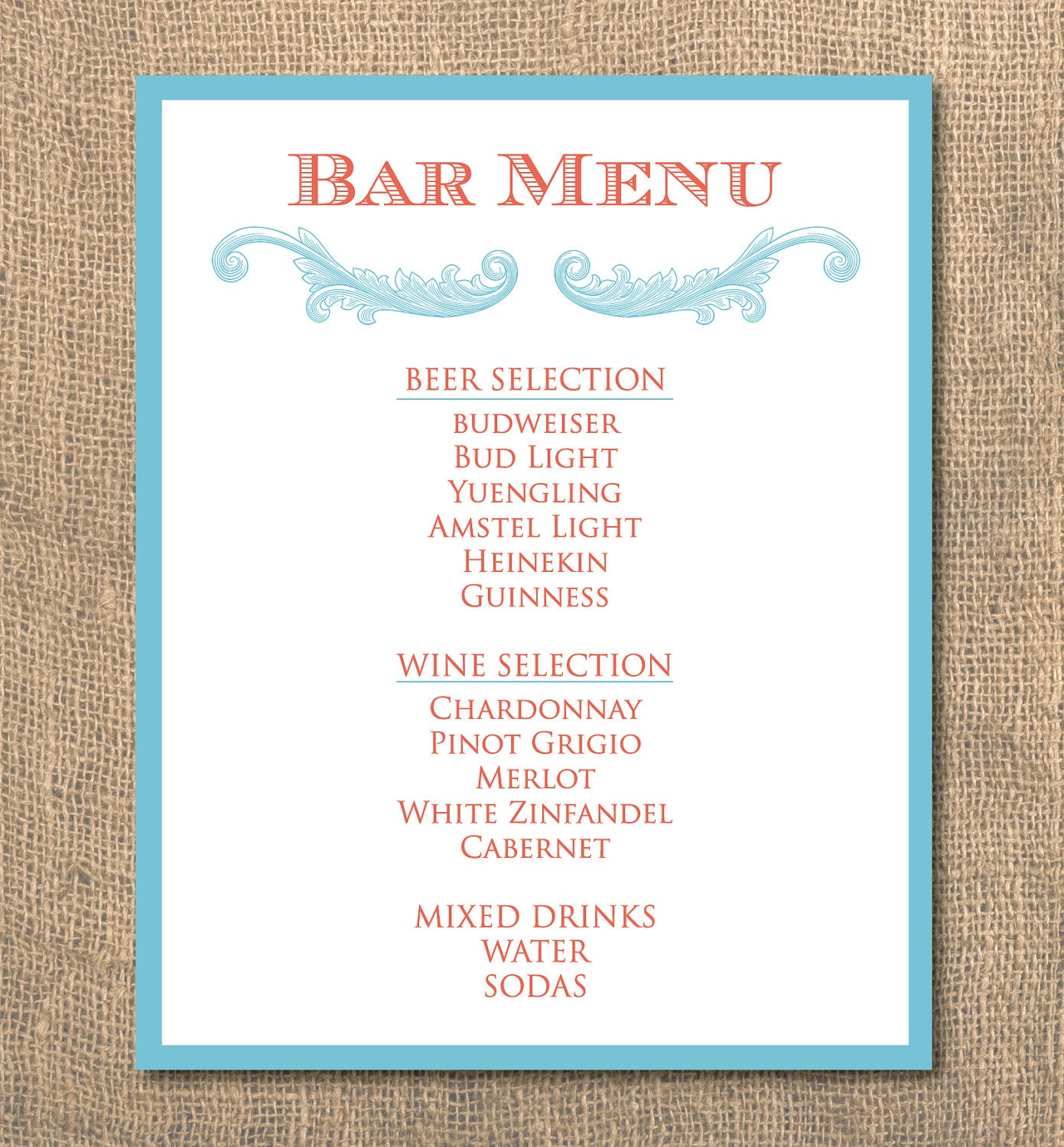 PRINTABLE - 8x10 Bar Menu/Drink Sign