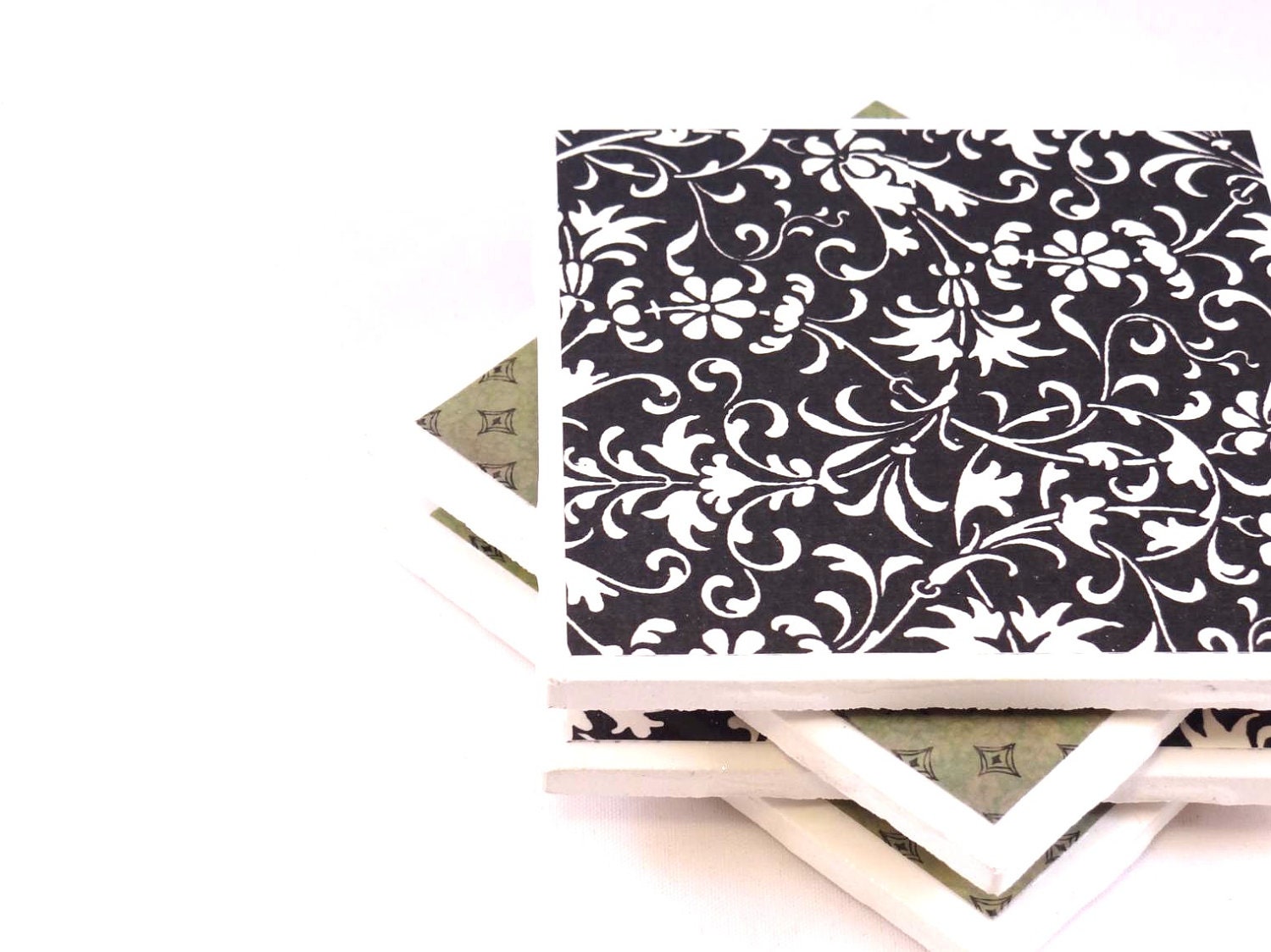 Coasters - Black, White and Olive Green - Set of 4 Ceramic Tile Coasters (Sale)