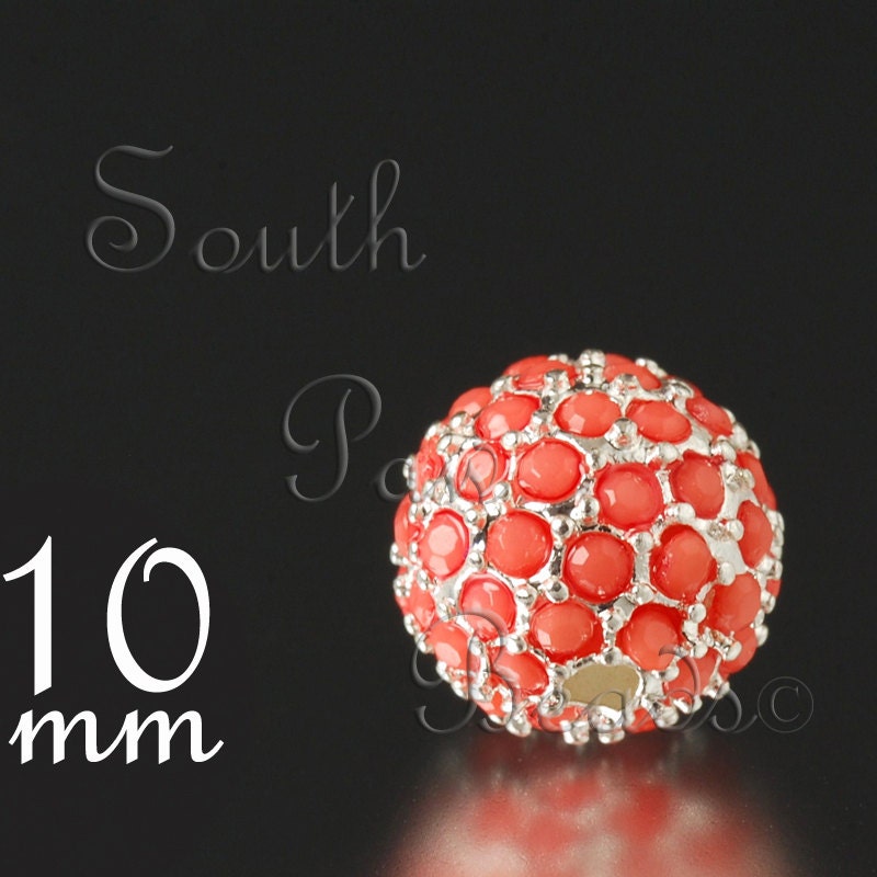 10mm pave crystal bead, Silver with Coral Crystals, by Beadelle (1)