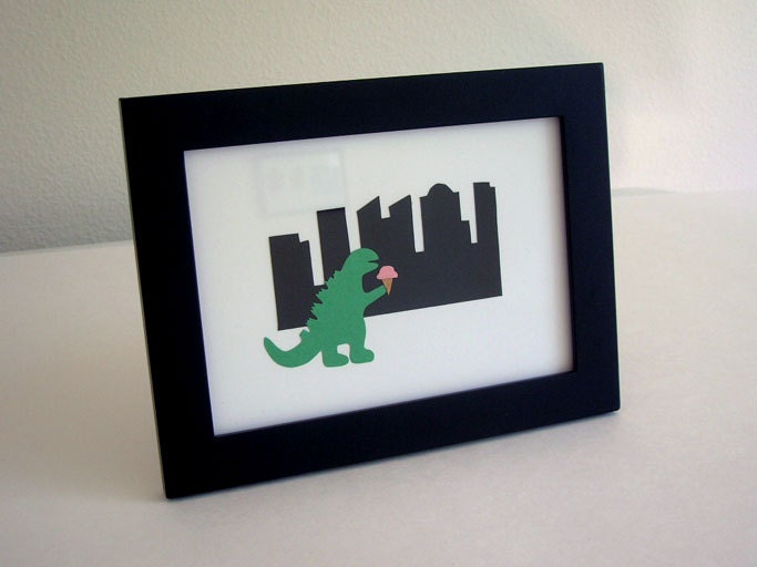 Godzilla With Ice Cream 5 x 7 Paper Cut Out Framed