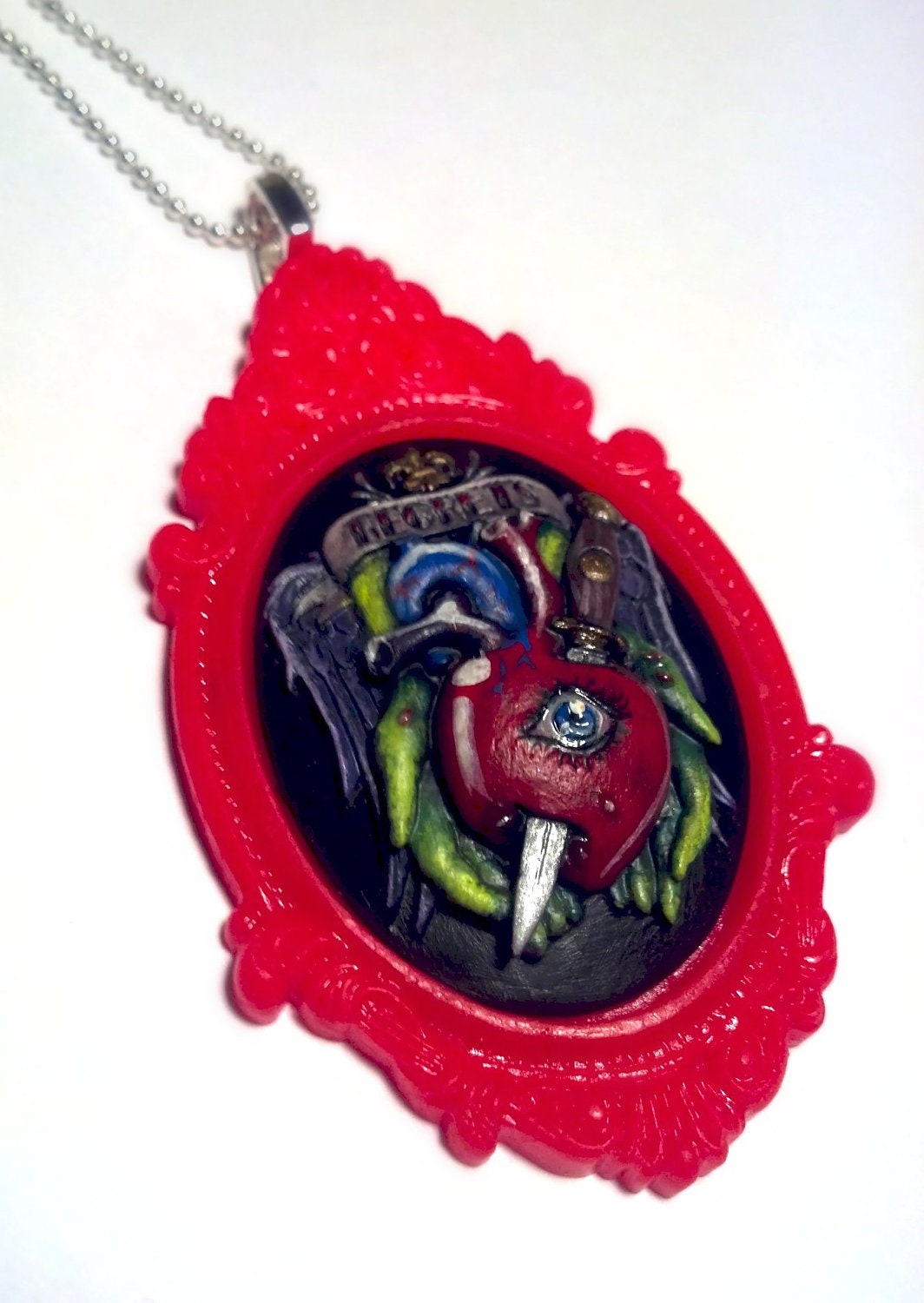 True Heart in Zombie hands w/ all seeing eye, wings, and banner. No Regret. Tattoo Style. Hand painted, signed