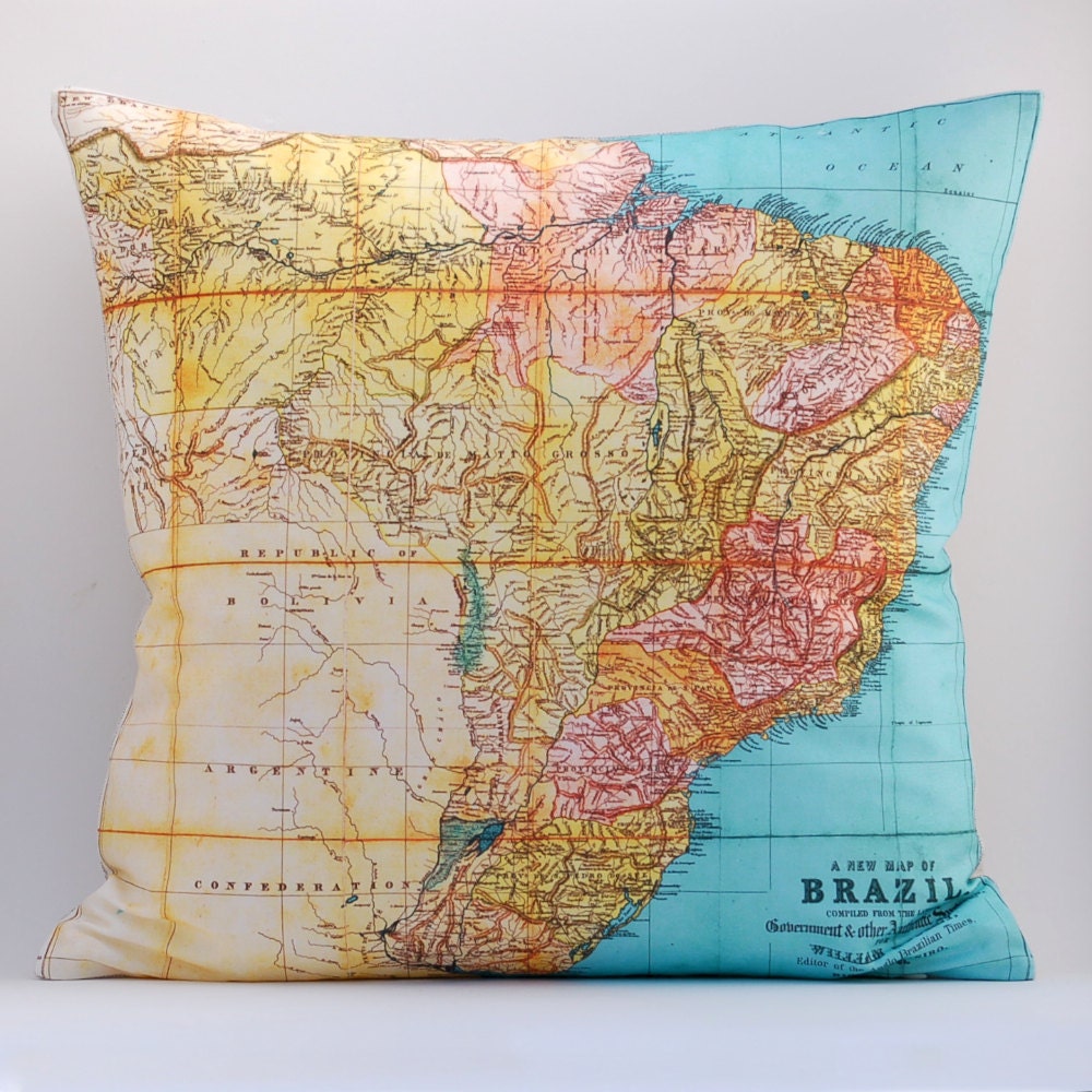 vintage BRAZIL map pillow DIY KIT, made to order 16x16 envelope style