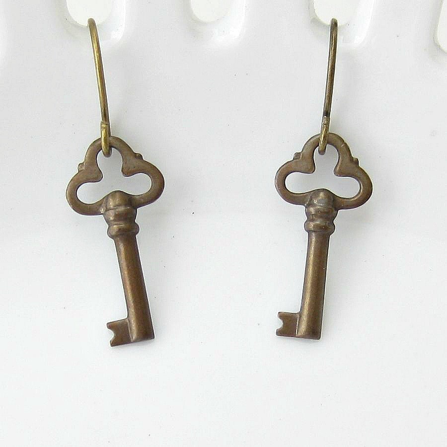 Miniature Skeleton Key Earrings, Antique Brass Earrings, Key to my Heart