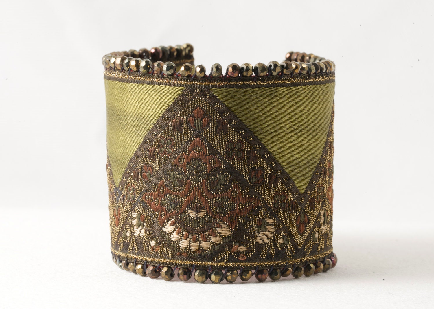 Ribbon Cuff Bracelet French Brocade Pyrite Olive Green Red Brass Statement - LoveActuallyJewelry