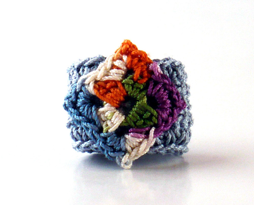 Crochet Ring Fiber Ring  Diamond Shape Ecru Indigo Purple Green and Orange on Country Blue Band