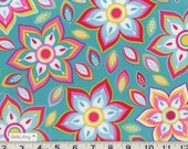 BRIGHT and CHEERFUL Flowers on TEAL Boutique Designer Fabric New 100% Cotton Pink, Lime, Blue, Yellow, Red, White