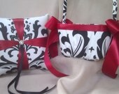 Dark Red Damask Ring Bearer Pillow and Flower Girl Basket Wedding Bridal Accents Apple Red