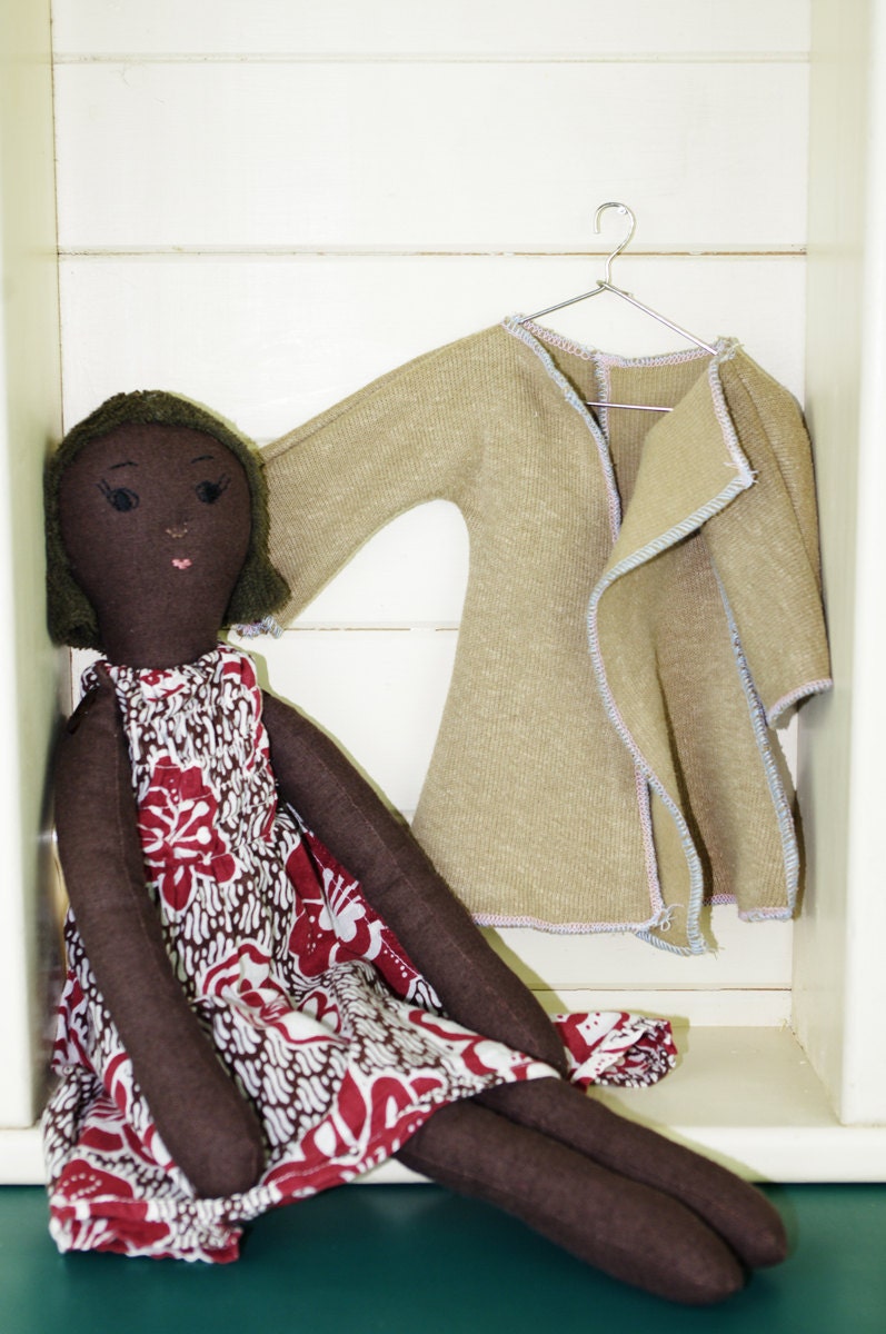 June, Brown Haired, Brown Eyed, Cloth Rag Doll, Vegan, 19 inches, OOAK, VIntage Upcycled Fabrics, Handmade in Australia