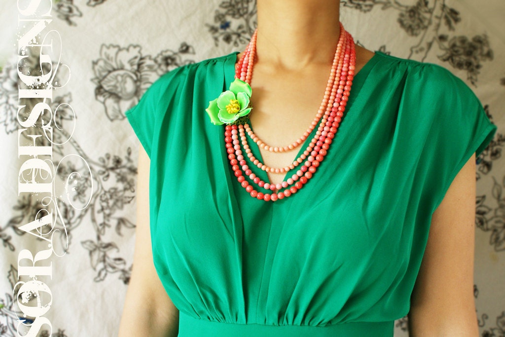 Bib necklace, Statement necklace, Coral pink ombre floral jewelry, OOAK vintage neon lime floral brooch real coral statement necklace
