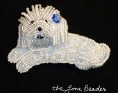 SALE: Beaded BICHON FRISE dog art pin/ pendant w/ Blue Swarovski Crystal (Ready to ship)