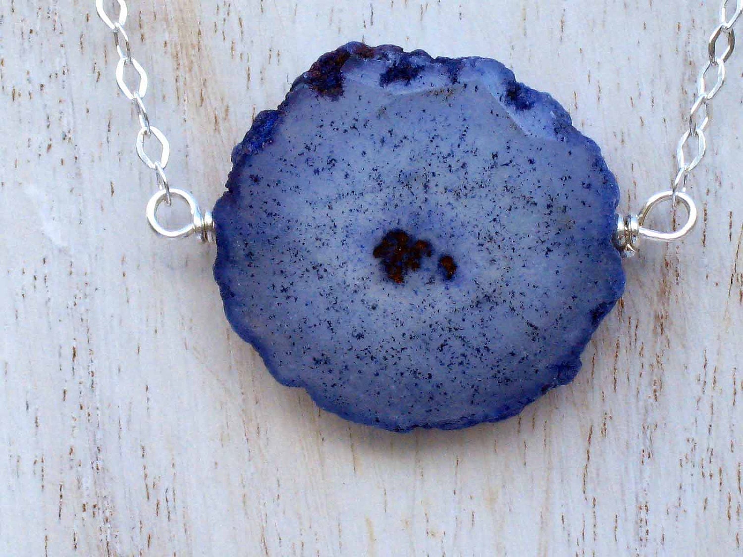 Blue Quartz Druzy Geode Pendant - Sterling Silver Wire Wrapped Crystal Gemstone Necklace - Cobalt Blue Dyed Quartz - Gift Box