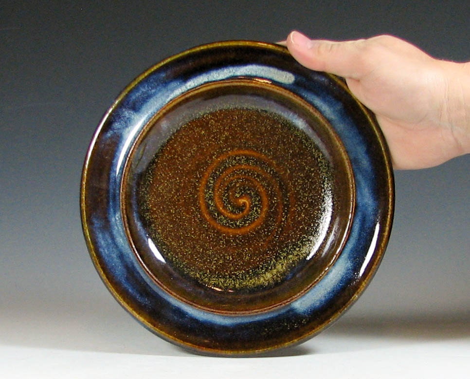 Ceramic plate small, salad dish, side plate, dessert, glazed in caramel brown blue, handmade stoneware by hughes pottery handmade