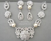 Vintage Style Bridal WEdding Necklace Earrings Jewelry Sets, Rhinestone  Cream Ivory Pearls Art Deco Silver Wedding Jewellery Set