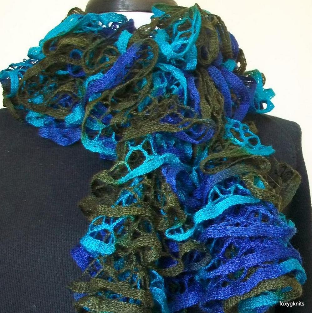 Hand Knit Ruffle Scarf in Royal Blue, Teal and Khaki Green