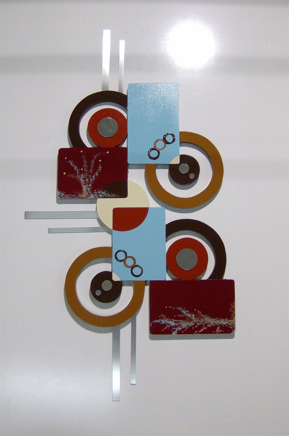 Geometric Abstract Mixed Media Wooden Wall Sculpture with Metal & Mirror 37x21 by Diva Art69 Studios