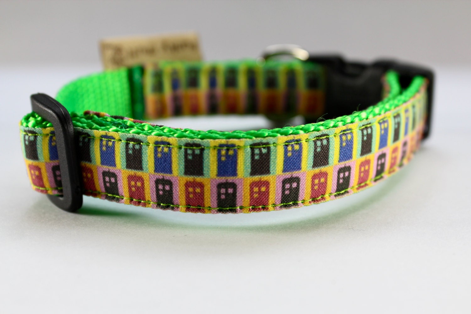 Mini Tardis multi-color dog collar in 5/8" wide bright green nylon webbing...perfect for small to medium dogs