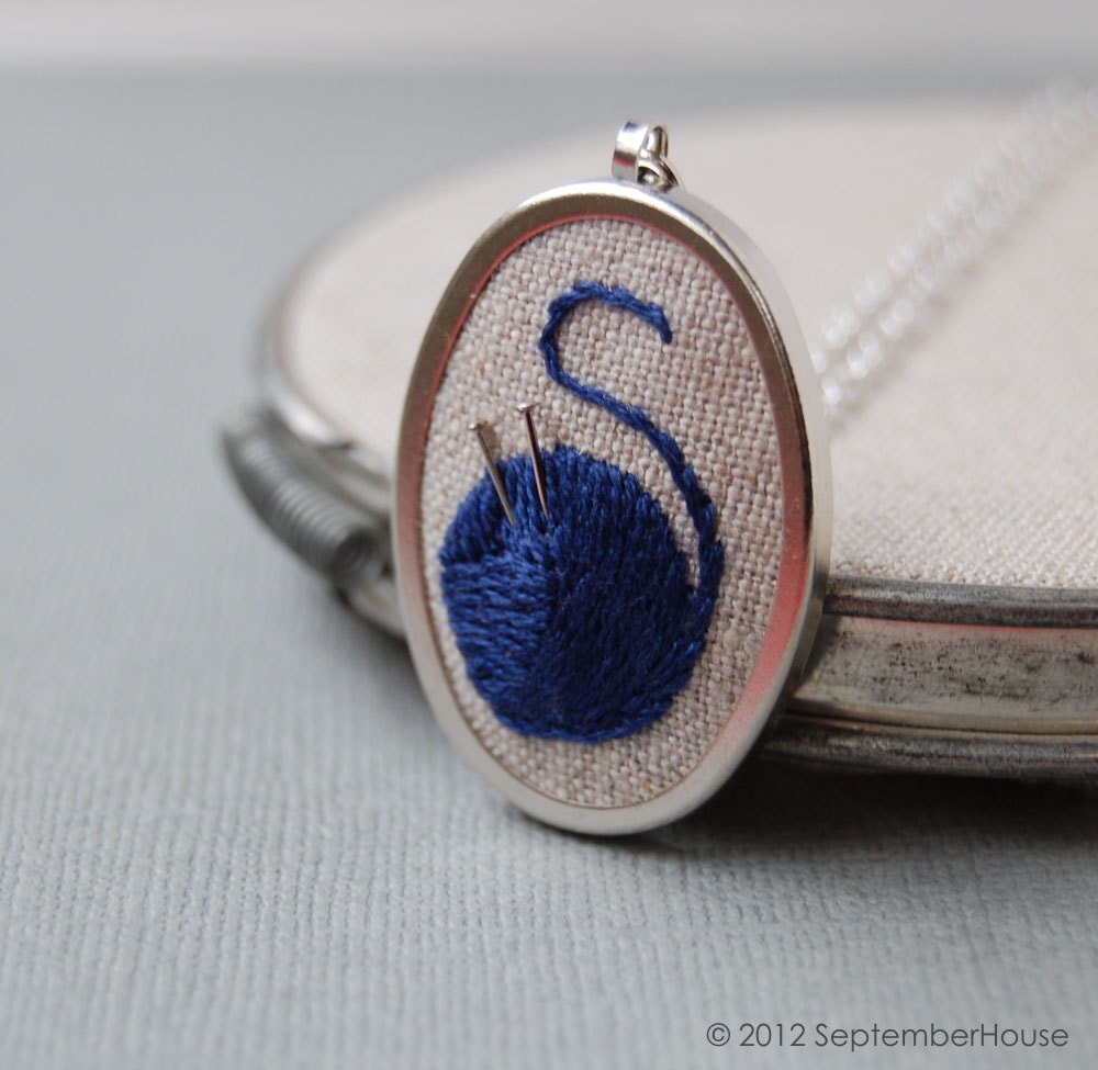 Knitting Necklace in Royal Blue on Natural Linen Hand Embroidered by SeptemberHouse